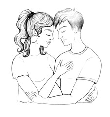 A pregnant girl and a guy in an embrace. Showing tenderness and love. Future parents. Beautiful romantic black and white hand-drawn illustration.