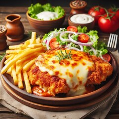 delicious chicken parmigiana with fries and salad - 685450064