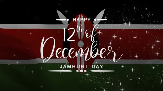 Happy Jamhuri Day Lettering Text Animation with Kenya flag background. Celebrate Kenya National Day on 12th of December. Great for celebrating Jamhuri Day.