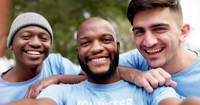 Happy man, volunteer and selfie in teamwork for photograph, picture or unity together in nature. Portrait of men in diversity smile for photo in team huddle, support or community trust in the park