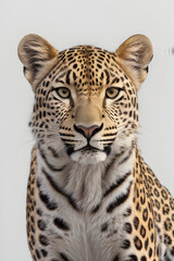 Obraz premium Portrait of a leopard in front of a gray background.