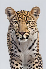 Portrait of a leopard in front of a gray background.