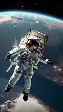 Astronaut floating in space with Earth and satellites in background.