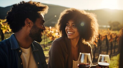 A young couple is enjoying wine tasting and lively conversation in the outdoor dining area of the winery. - obrazy, fototapety, plakaty
