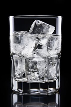 Close up picture of mineral water with cubes in a glass in a studio on black background.