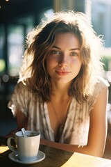 Image of beautiful young woman with summer outfit drinking a cup of warm coffee or tea in the morning.