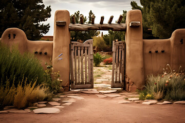 Naklejka premium wooden garden gate in beautiful pueblo style adobe home