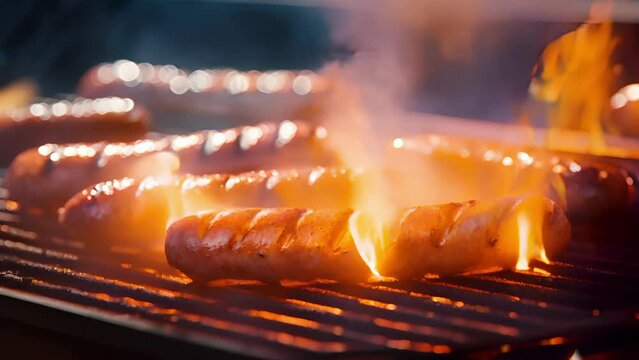 Closeup of the sizzling hot dogs on the grill, their smoky aroma enticing hunger and adding to the festive ambiance.