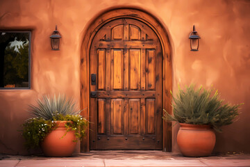 Fototapeta na wymiar wooden door in beautiful pueblo style adobe home