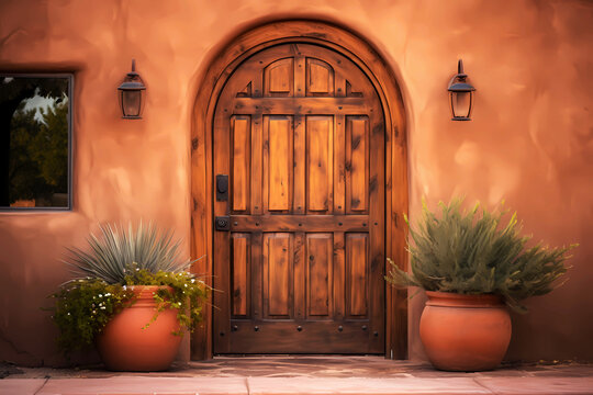 wooden door in beautiful pueblo style adobe home