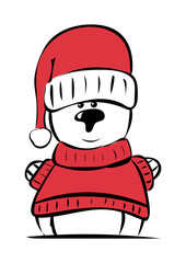 Eisbär mit Pullover und Weihnachtsmütze.