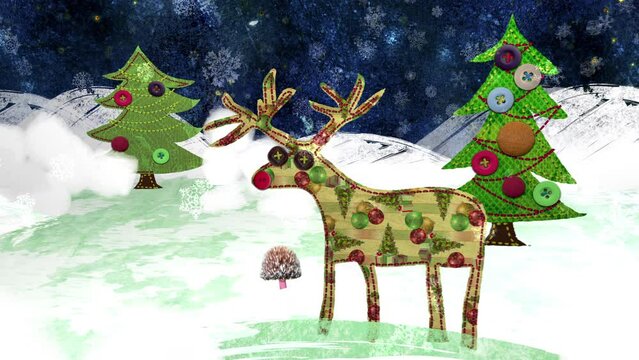 Christmas Eve - Reindeer and Gingerbread House. Quirky mixed media collage animation.