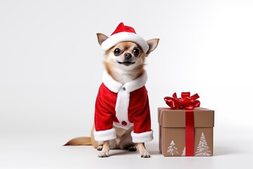 a smiling CHIHUAHUA dog wearing santa claus suit holding gift box standing on isolate white background,