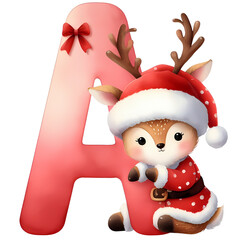  Christmas alphabet Letter V , design with red watercolor Cute reindeer Christmas Theme font