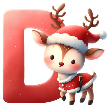 Christmas alphabet Letter D , design with red watercolor Cute reindeer Christmas Theme font