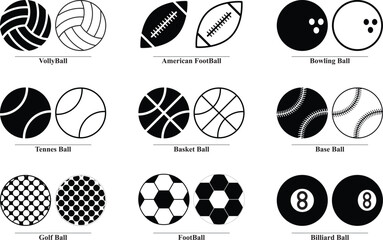 Sport balls flat icon set on white background. Icon set of basketball, volleyball, tennis, American Football, bowling, billiard, Golf ball, football, baseball. Flat and outline icon for web design.