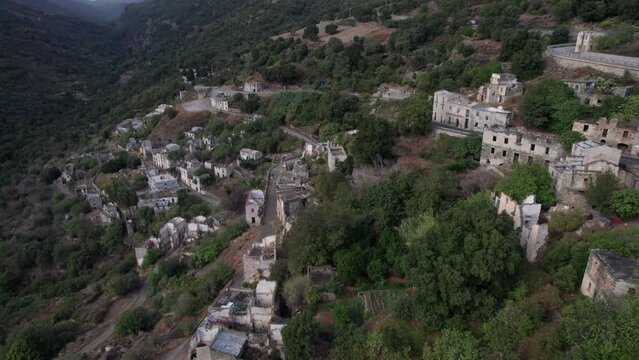 Exploring the Ruins of the Ghost Town of Gairo Vecchio on the Island of Sardinia from Above.