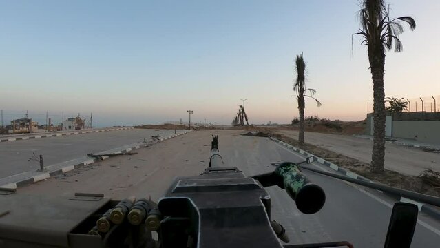 Perspective view from an Israeli army vehicle at Gaza street, Israel Hamas War 2023
