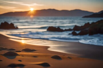 Stunning sunset photograph of a seashore with hills in the distance