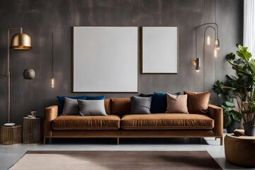 The chic interior design of the living room features a brown sofa, a patterned pillow, a contemporary pouf, and many personal items. Grey wall