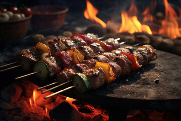 Outdoor feast Meat skewers sizzle over the grill. AI Generative marvel highlights the delicious, flame-grilled charm of these barbecue favorites. - obrazy, fototapety, plakaty