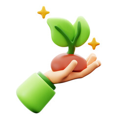 hand hold small green tree. Young plant grow from the mud and person keeps it in his palm. Green energy and sustainable lifestyle concept. Save the planet ecology 3d icon illustration render design