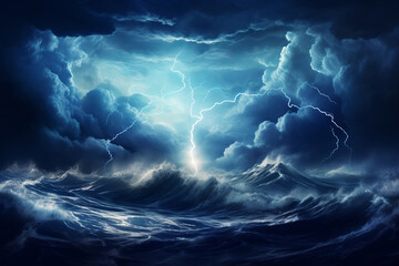 Dramatic thunderstorm at sea, where lightning pierces the night sky amidst turbulent waves. A powerful portrayal of nature might. AI Generative.