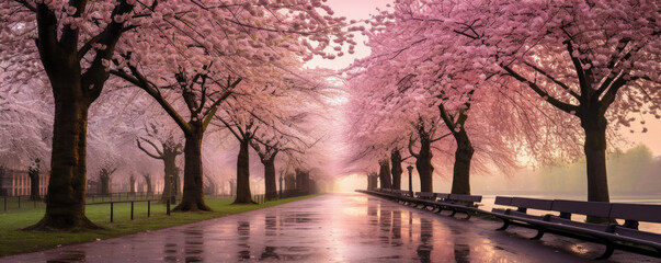 Cherry blossoms in full bloom along a winding Japanese road. Springtime beauty in the countryside. AI Generative.