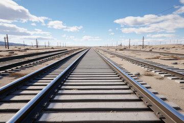 Fototapeta na wymiar Railroad tracks glisten in the winter sun. Witness the fusion of technology and nature – it is AI Generative.