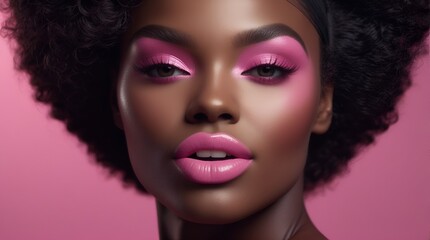 beautiful black woman with pink makeup against pink background, black fashion shoot portrait