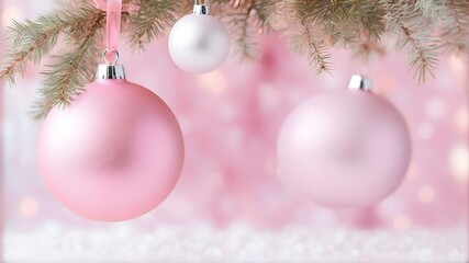 Fototapeta na wymiar christmas balls tree decoration, bokeh circles on background, pastel pink photo