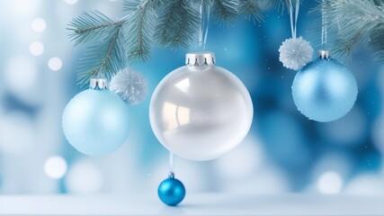 Fototapeta na wymiar christmas balls tree decoration, bokeh circles on background, pastel blue photo