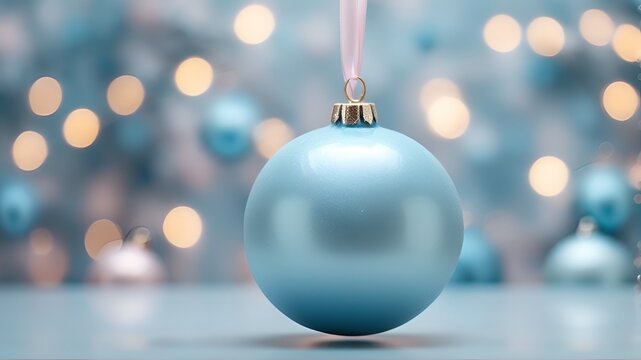 christmas balls tree decoration, bokeh circles on background, pastel blue photo
