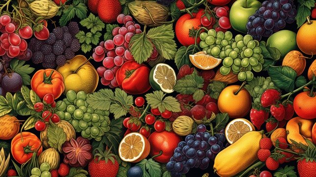 Various colorful fruits and vegetables background wallpaper ai generated image
