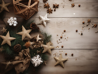Christmas background of stars, Christmas balls, pine branches