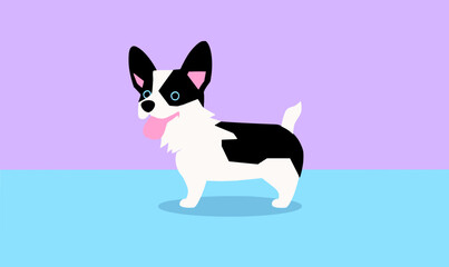 Cute black and white vector doggie with pink tongue and ears on complimentary lavender and teal stage