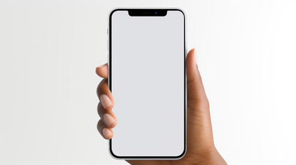 hand holding smartphone white blank empty screen mock up