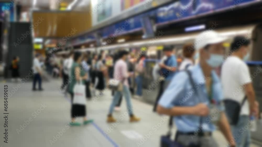 Canvas Prints out of focusing blur view of passengers traveller waiting for arrival train and get on subway train 