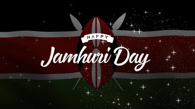 Happy Jamhuri Day Lettering Text Animation with waving flag background. Celebrate Kenya National Day on 12th of December. Great for celebrating Jamhuri Day.