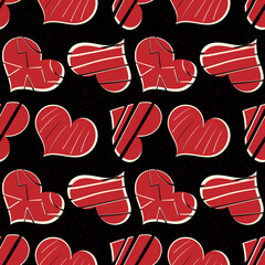 Repeating pattern of red hearts on a black background