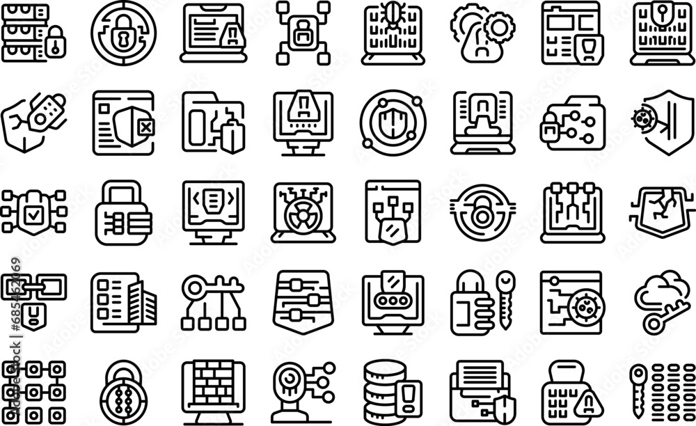 Poster cybersecurity icons set outline vector. antivirus malware. online firewall computer