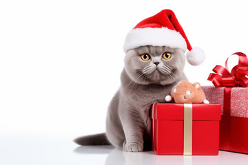 a smiling Chinchilla cat wear santa claus suit holding gift box on white background