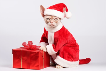 a smiling Devon Rex cat wear santa claus suit holding gift box on white background