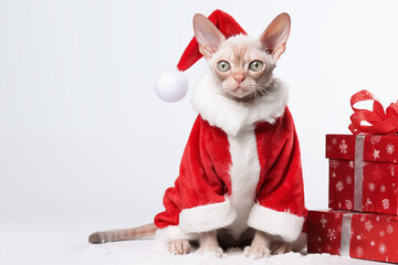 a smiling Devon Rex cat wear santa claus suit holding gift box on white background