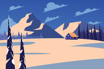 winter background with cabin in the distance design