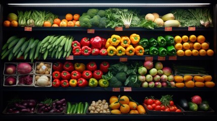 Healthy fruits and vegetables on a shelf in a supermarket background wallpaper ai generated image - obrazy, fototapety, plakaty