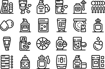 Skin foundation icons set outline vector. Care makeup product. Skincare tube liquid