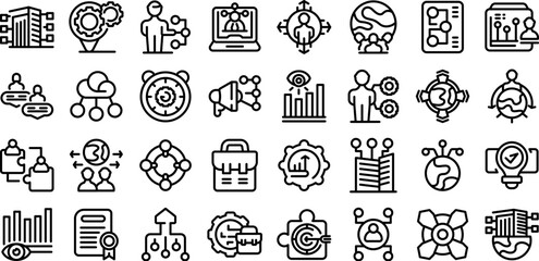 Outsourcing icons set outline vector. Global remote team. Company network
