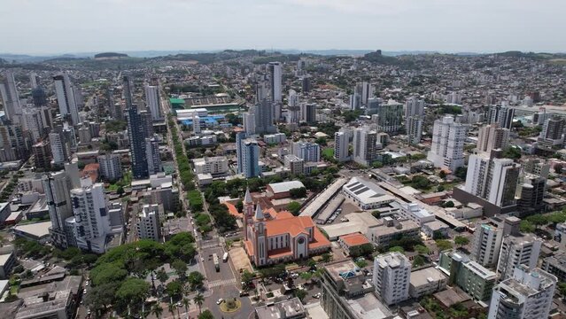 aerial takes of the center of chapec&oacute; santa catarina, passing by the cathedral santo antonio