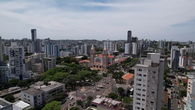 aerial takes of the center of chapec&oacute; santa catarina, passing by the cathedral santo antonio